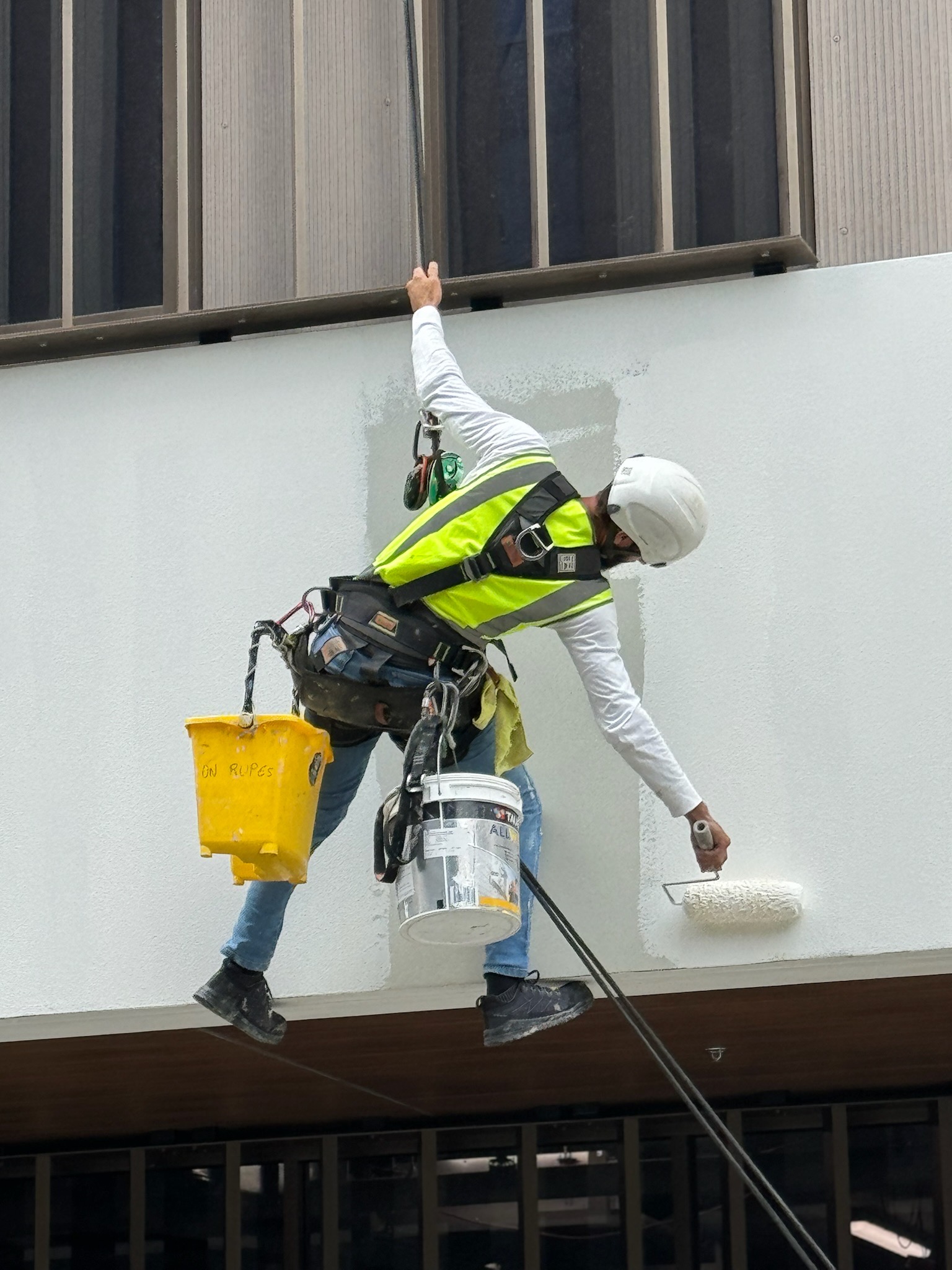 Rope access painters recoating a high-rise commercial tower facade in North Sydney